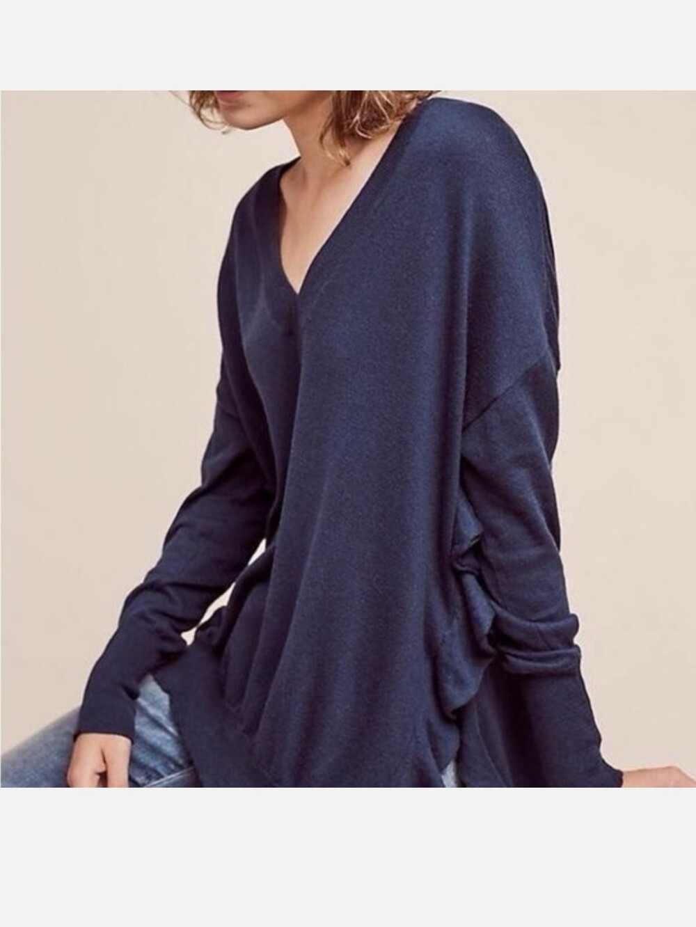 Anthropologie Moth Navy Blue Oversized Ruffle Sides Sweater